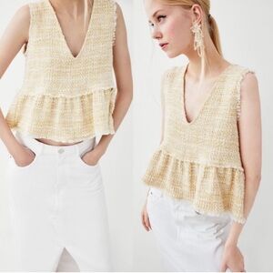 Zara Cream and Tan Textured Sleeveless Babydoll Crop Top size L